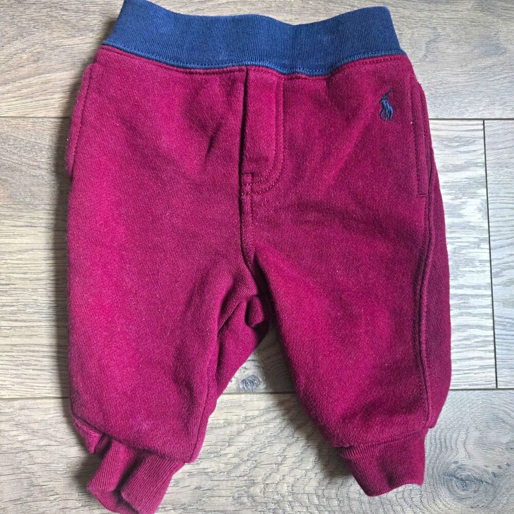 Ralph Lauren Sweatpants Baby 6M Burgundy Navy Blue Pony Joggers Fleece Cuffed